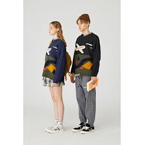 Color matching fashion cartoon plane pullover hoodie oem jacquard custom knit sweater for couples