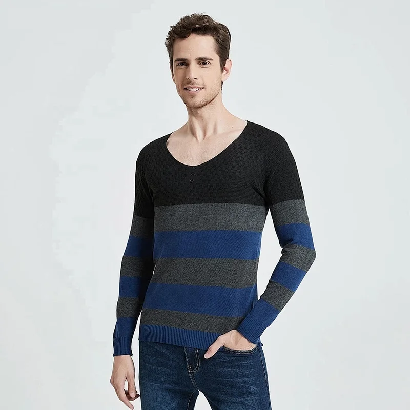 Men Casual Pullover Striped Button V-Neck Knitwear Shirt jumper Winter Cotton Men Jersey basic Sweater