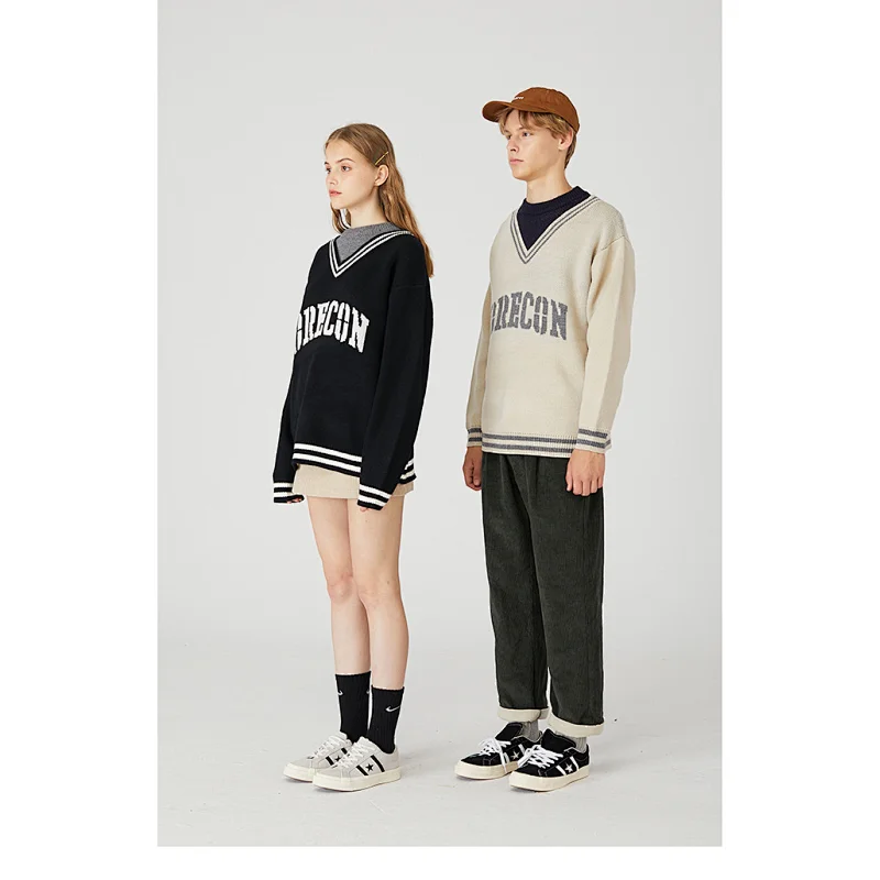 Unisex custom clothing knitted college jacquard sweater for men pullover couple oversized sweater