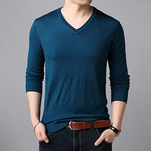 Men Spring Autumn V Neck Knitwear Sweater Soft Cotton Wool Mens Pullover Pure Color men basic Sweaters