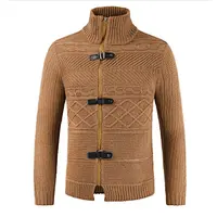 New Knitted Coatdigan Leather Button Neck Long Sleeve Cardigan Men Sweaters