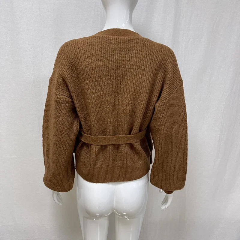 Winter lace-up solid color women's knitted sweater