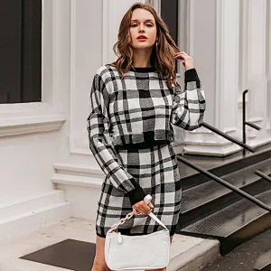 Knitted plaid sweater dress long sleeve Women autumn elegant Winter female women sweater dress