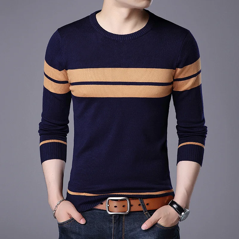 Men Casual Striped knit swearter Knitwear O Neck pullover jumper Winter fringe Cotton Men's Jersey Hombre Shirt basic sweater