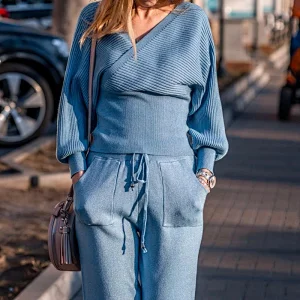 Bling off the shoulder 2 pc Sweater set Women V Neck Pullover  Autumn Winter Knitted Sweater Set