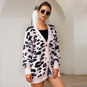 Leopard  v neck Cardigans winter leisure clothes women sweater