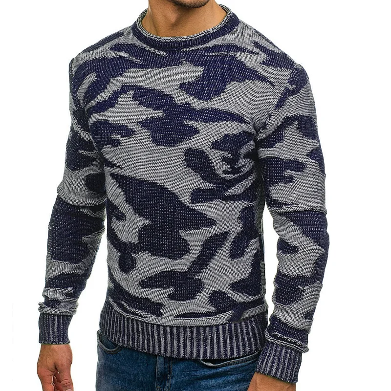 Fall/winter camouflage round neck pullover knit contrast color men printed sweaters