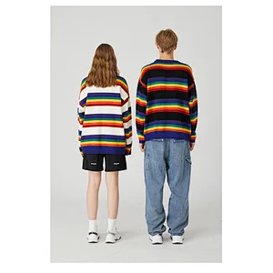Women and men pullover jacquard sweater crew neck embroidery logo rainbow couple sweaters