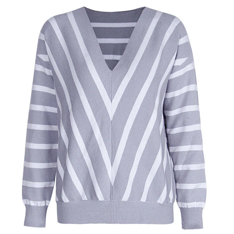 Women clothing autumn casual plus size sweater V-neck stripe knit sweater ropa de mujer