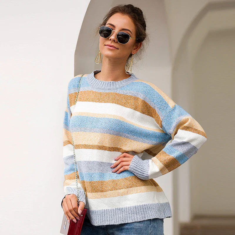 Color Blocking round neck pullovers 2020 winter casual fashion clothes women sweater
