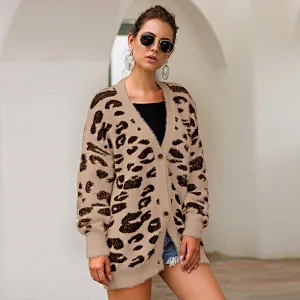 Leopard  v neck Cardigans winter leisure clothes women sweater