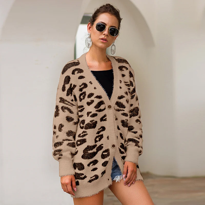Leopard  v neck Cardigans winter leisure clothes women sweater