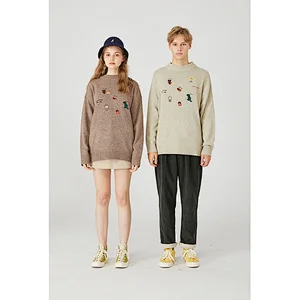 Korean couple clothes men autumn knitted pullover sweater custom loose embordered knit acrylic sweater