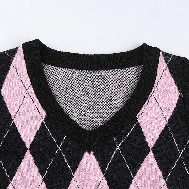 Courtyard diamond plaid jumpers sweater shirt short cropped top women's vest sweater