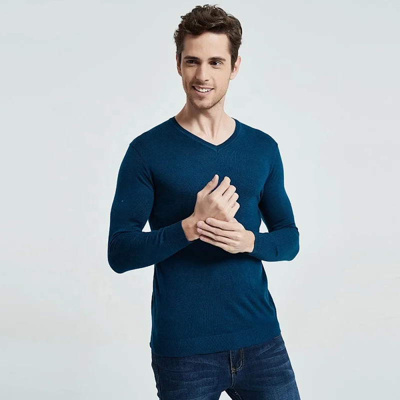 Men Spring Autumn V Neck Knitwear Sweater Soft Cotton Wool Mens Pullover Pure Color men basic Sweaters