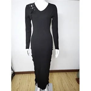 New Trending Long Sleeve Knitted Women V Neck Maxi Bodycon Sweater Dress