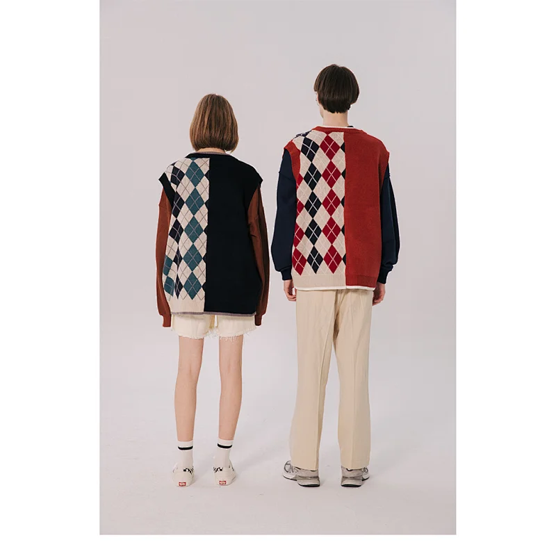 Fall sleeveless plaid v neck embroidery sweater knitted vest for men unisex sweater vest