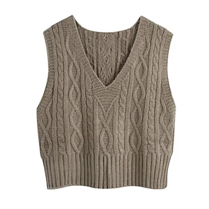 Women Ribbed Trims Cable Knitted Vest Sweaters Vintage V Neck Sleeveless Vest
