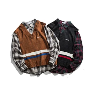 Wholesale Men high qulity fall knitted sweater new plaid t-shirts custom knit sweater vest