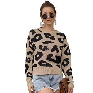 Leopard print round neck pullover long sleeve clothes women sweater