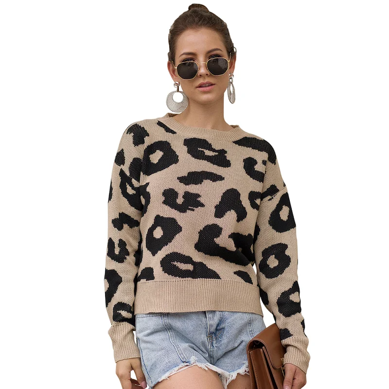 Leopard print round neck pullover long sleeve clothes women sweater