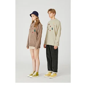 Korean couple clothes men autumn knitted pullover sweater custom loose embordered knit acrylic sweater