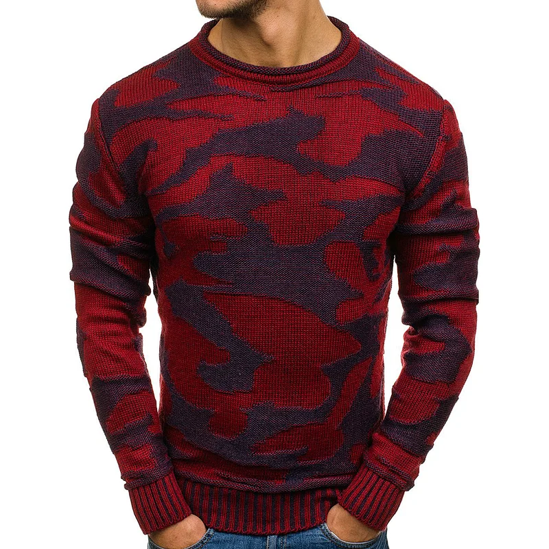Fall/winter camouflage round neck pullover knit contrast color men printed sweaters