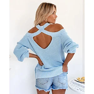 Women sexy off-shoulder solid color loose knit fashion casual sweater