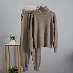 Winter Knit Sport sweater and jogger set Outfits Warm Turtleneck 2pc Women sweater sets