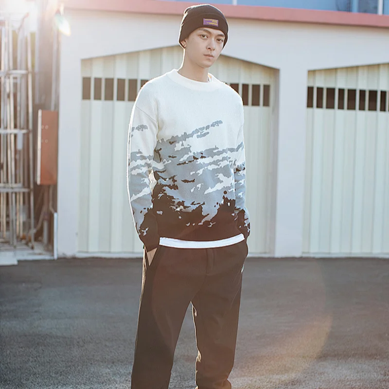 Mens  white crop sweaters crew neck pullover knitwear long sleeve custom knit men sweater
