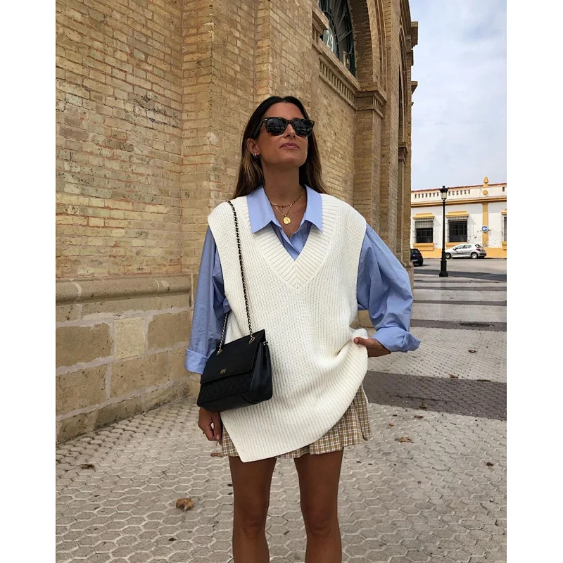 V Neck Knitted Autumn Winter Women Casual Sweater Vests Loose Outweal knit Blouse