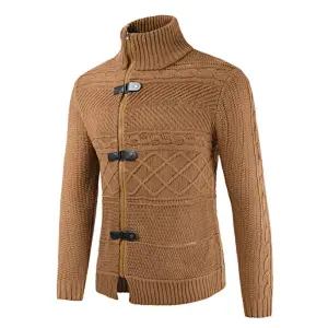 New Knitted Coatdigan Leather Button Neck Long Sleeve Cardigan Men Sweaters
