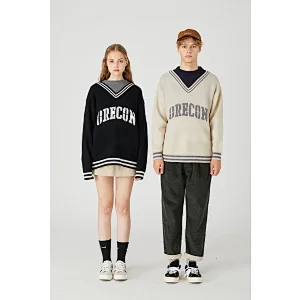 Unisex custom clothing knitted college jacquard sweater for men pullover couple oversized sweater