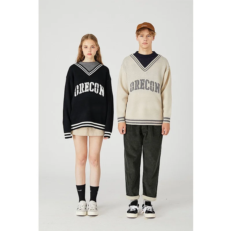 Unisex custom clothing knitted college jacquard sweater for men pullover couple oversized sweater