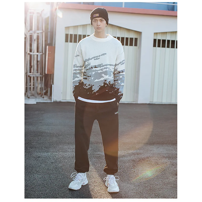 Mens  white crop sweaters crew neck pullover knitwear long sleeve custom knit men sweater