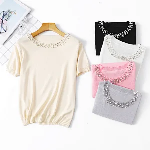 Summer solid color top blouse ladies beaded short sleeve loose round neck pullover knitwear women plus size t shirt