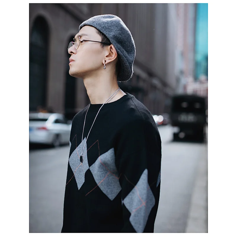 Men sweater custom logo knit long sleeve diamond pattern jumper knitted casual pullover men sweaters