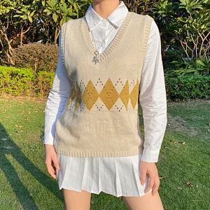 Women's classic print fringe winter sweater V-neck loose woolen ladies vest sweaters