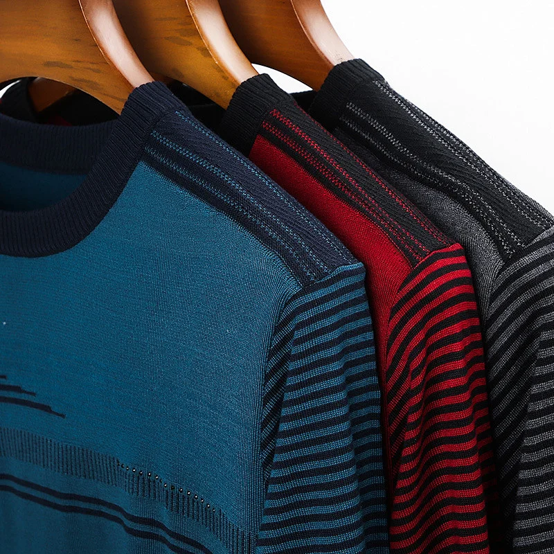 Men Fashion Striped Casual Sweater Autumn Winter Cotton Knitwear O Neck Pullover Shirt Men Thin basic sweater for men