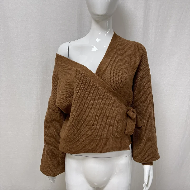 Winter lace-up solid color women's knitted sweater