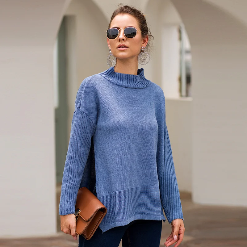 Turtleneck pullover side slits casual clothes women sweater