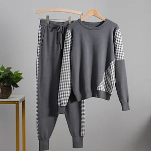 Houndstooth Knit 2 Piece Set Tracksuits Pullover  Fall Winter Women oversized sweater set