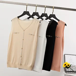 Summer thin V-neck knitted vest sweater women's t-shirt with beaded buttons