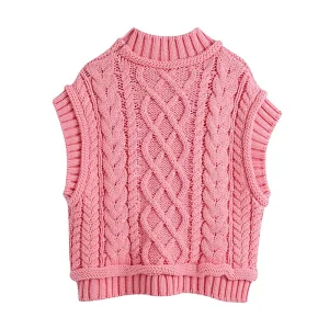 Sweet Fashion CabLe Knitted Cropped Women Vest Sweater High Neck Sleeveless Tops
