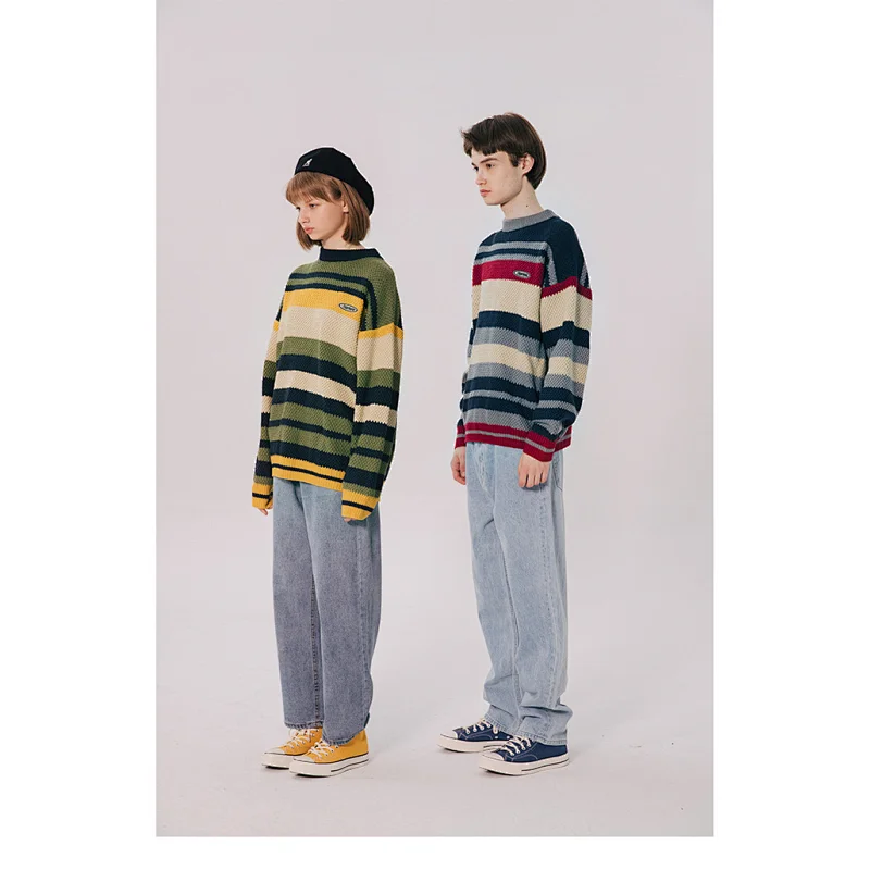 Wholesale high quality fall pullover knitted acrylic sweaters men stripe long sleeve knit sweater