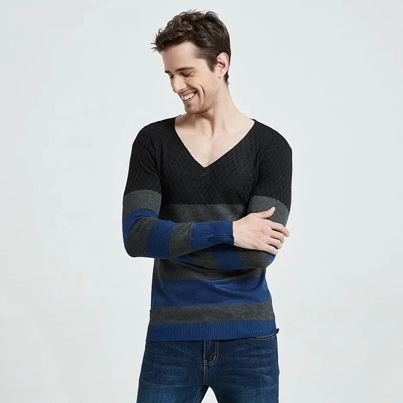 Men Casual Pullover Striped Button V-Neck Knitwear Shirt jumper Winter Cotton Men Jersey basic Sweater