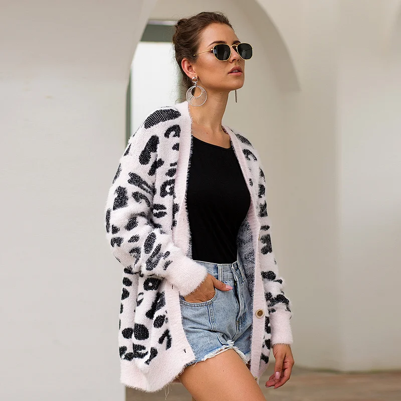 Leopard  v neck Cardigans winter leisure clothes women sweater