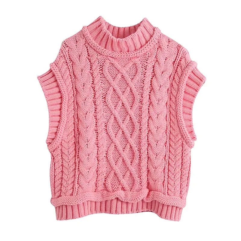 Sweet Fashion CabLe Knitted Cropped Women Vest Sweater High Neck Sleeveless Tops