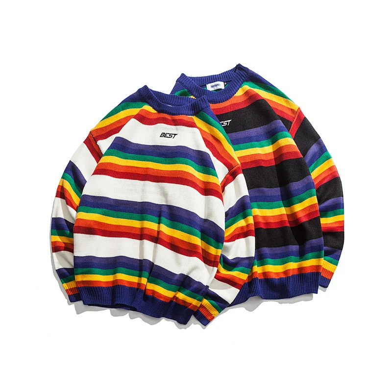 Women and men pullover jacquard sweater crew neck embroidery logo rainbow couple sweaters