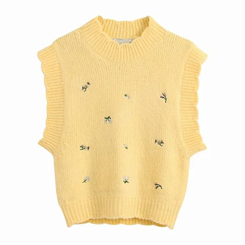 Women Sweet Fashion Floral Embroidery Knitted Vest Sweater Vintage High Neck Sleeveless Female Tops